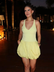 LIZAKOSHT - Yellow Ruffled Hem Patchwork Dress For Women Sexy Off Shoulder V Neck Backless Sling Dresses 2024 Chic Lady High Street Robes