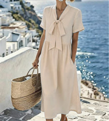 LIZAKOSHT - Summer New Bow V-neck Long Short-sleeved Solid Color Dress Temperament Casual Skirt