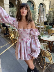 LIZAKOSHT Floral Printed Pink Satin Short Summer Dress Women Spring Off Shoulder Boho Party Beach Vestidos Long Sleeve Sundress
