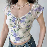 LIZAKOSHT - European and American Style Printed Mesh V-neck Short Sleeved T-shirt, Summer Slim Fit, Waistband, Hanging Neck Short Top