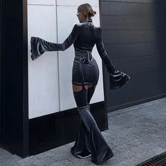 Lizakosht Two Piece Set Women Long Sleeve Turtleneck Mini Dress High Waist Lace Up Hollow Out Flare Pants Autumn Winter Dress Set