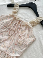 LIZAKOSHT  -  Summer French Elegant Mori Girl Style Long Dress Women Flying Sleeve Lace-Up Print Slim Dress Sweet Cute Casual Clothing