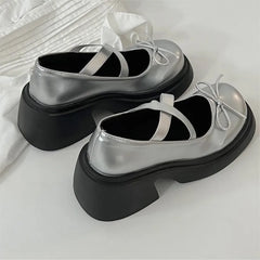 LIZAKOSHT - Women New Round Toe Cute Mary Janes Shoes Female Bow Sliver Leather Square Heel Pumps Lady French style Lolita Shoes