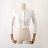 LIZAKOSHT - Early Autumn Short Hollow out Lace Trim Long Sleeve round Neck Single Button Open Cardigan Women's T-shirt Cotton Blend