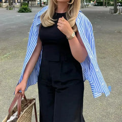 LIZAKOSHT - Women Single-Breasted Button Full Sleeve Loose Leisure Blouses Casual Tops Autumn Lapel Blue White Striped Print Shirt
