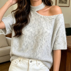 LIZAKOSHT - Women Vintage Fluffy Asymmetrical Cold Shoulder Knit Top Hollow Choker Neck Loose Casual French Daily Sweater Blouse