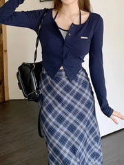 LIZAKOSHT - New in 2 Piece Set Spring Summer Fashion Skirt Sets Solid Color Tops Elegant Korean Version Checkered Commuter Women's Clothing