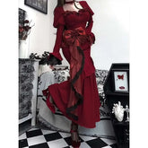 LIZAKOSHT - Gothic French Hepburn Style Retro Velvet Dress for Women's New Spring Design Y2K Dark Vintage Punk High Waist Long Dresses