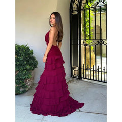 LIZAKOSHT - Elegant Burgundy Dresses 2025 Summer Layered One Piece Prom Dress Midi Ruffled Sleeveless Backless Halter Dresses Evening Party