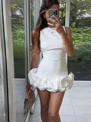 LIZAKOSHT - New Elegant White Ruffles Pleated Mini Dress Women Fashion O-neck Sleeveless Slim Vestido Female Chic Party Evening Dresses