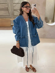 LIZAKOSHT  -  Fashion Women's Blue Denim Coat V-neck Loose Big Pockets Lace Up Bandage Jackets Female 2025 Autumn Lady All-matching Outwears