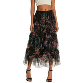 LIZAKOSHT - Early Fall Floral Print Ruffle Mesh Skirt Women Irregular Flowy A-line Midi Skirt for Travel, Beach, Shopping