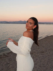 LIZAKOSHT - Elegant Solid Off Shoulder Women Mini Dress Fashion Backless Long Sleeve Bodycon Dresses 2024 Summer Lady Beach Vacation Robes