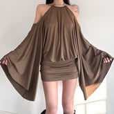 LIZAKOSHT - New European and American Hot Girl Style Strapless Backpack Hip Sexy Loose Bat Sleeve Dress Design Halter Neck Skirt