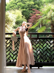 LIZAKOSHT - Summer Sleeveless Halter Maxi Dress Elegant Tight Waist V-neck Beach Dress Robes Temperament Party Backless Dresses