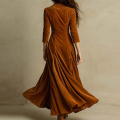 LIZAKOSHT - Spring Fall Casual Women Suit Collar Velvet Long Dress New Slim Elegant Office Lady Fashion Solid Velour Dresses