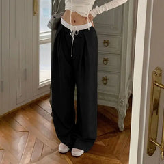 LIZAKOSHT - Trousers Fold Assorted Colors Frenulum Pants Concise Lace Up Shirring Women Casual All-Match Loose Straight Slacks Street Style