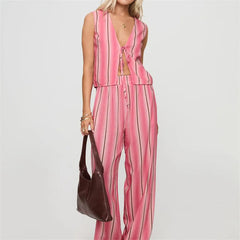LIZAKOSHT - Women Y2k Stripes 2 Piece Pants Matching Set Tie Front V Neck Tank Vest Wide Leg Elastic Waist Trousers Suit Set