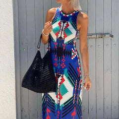 LIZAKOSHT - Elegant O-neck Sleeveless Bohemian Dress Women Fashion Waist Long Party Dresses 2025 Summer Vintage Pattern Printed Beach Dress