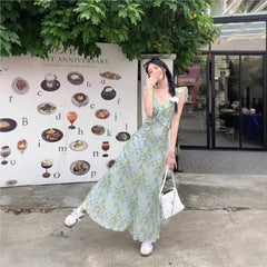 LIZAKOSHT - Women's French Style Floral Spaghetti Strap Maxi Dress Beach Vacation Dress