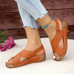 LIZAKOSHT - Clogs With Heel Low Sandals Woman Leather Large Size Summer Beach Shoes Open Toe Muffins shoe Suit Female Beige Thick Low-h