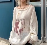 LIZAKOSHT - Subculture Punk Harajuku Girl Knitted Sweater Loose Long Sleeve Sweaters Spring Autumn 2024 Women Beige Casual Sweaters