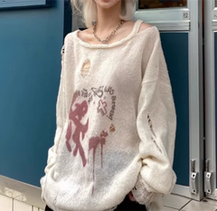 LIZAKOSHT - Subculture Punk Harajuku Girl Knitted Sweater Loose Long Sleeve Sweaters Spring Autumn 2024 Women Beige Casual Sweaters