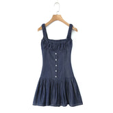 LIZAKOSHT - Women Smocked back Button Christa Denim Mini Dress Blue Denim