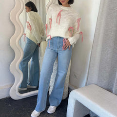 LIZAKOSHT - Women Fashion Lace-up Bowknot Sweater Autumn Elegant Round Neck Top Pullover Winter Long Sleeve Loose Streetwear Jumper Harajuku