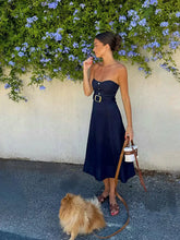 LIZAKOSHT - Belt Blue Casual Strapless Dresses Women Chic Sleeveless Backless High Waist A-line Midi Dress Lady New Highstreet Vestidos