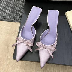 LIZAKOSHT - Spring Summer Silk Butterfly-knot Women's Slippers Sandals Pointed Toe High Heel Pumps Ladies Stripper Mules Shoes