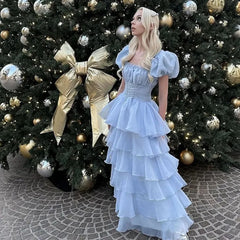LIZAKOSHT - Fashion Lady Sky Blue Tiered Skirt Prom Dress Puff Short Sleeves Lace Up Formal Party Evening Gown Teen Birthday Vestidos