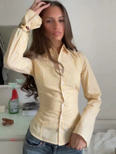 LIZAKOSHT - Casual Striped Short Slim Shirt Women Chic Lapel Long-sleeved Single Breasted Waist-cinching Top Lady Commute Street Wear