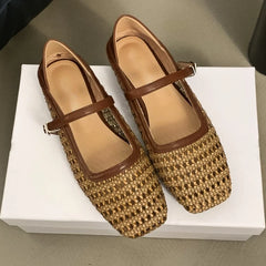 LIZAKOSHT - Braided Flat Ballet Shoes Square Toe Mary Jane Shoe Women Comfy Breathable Summer New Casual Retro Skeleton Balleting Shoes