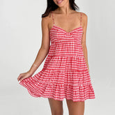 LIZAKOSHT - Red Women Spaghetti Strap Cami Dress Y2K Cottage Plaid Sweetheart Neck Tiered Hem Back Lacing Short Dresses Summer Holiday