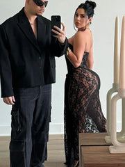 LIZAKOSHT - Summer Lace Backless Maxi Dress Club Outfits For Women Strapless Black Bodycon Long Dress See Through Lace-up Dress