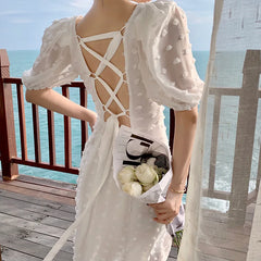 LIZAKOSHT - Women Summer White Backless Square Collar Dress Female Puff Sleeve Split Beach Dress Vestidos Simple Party Dress