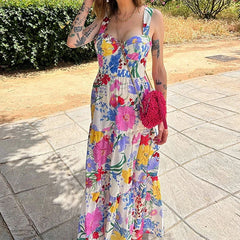 LIZAKOSHT - Elegant Floral Print Strap A-line Dress Summer Chic Waist Suspender Beach Dress Women New Tube Tops Sleeveless Long Dress