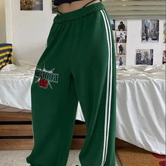 LIZAKOSHT - Sports Pants Two-Bar Letter Printing American Summer Women Green Loose Straight Mop The Floor Leisure Wide-Leg Pants Tide