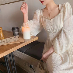 LIZAKOSHT - Women French Style Vintage Beaded Fairy Elegant Party Dresses Autumn Fashion Square Collar Long Sleeve Slim Midi Dress Vestidos