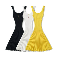 LIZAKOSHT - 4 COLORS Sexy U collar Sleeveless Rib Knitting Dress Women Skinny Slim Fit Hem Pleated A-lined Short Tank Robe Pink Yellow Black