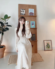LIZAKOSHT - Korean Floral Print Midi Dresses for Women Summer New Pleated Slim Waist V-neck Long Sleeves Chiffon Sweet Female Clothing