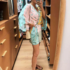 LIZAKOSHT - Women Fashion Pattern Print Mini Party Dress Elegant Deep V-neck Cover Up Robe Dress Casual Lantern Sleeve Lace-Up A-Line Dress
