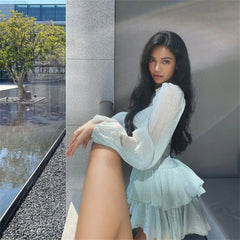 LIZAKOSHT - Casual Fashion Spring and Summer New Ruffles Patchwork Square Collar Long Sleeve High Quality Dress Solid Color Women's Clothing