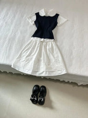 LIZAKOSHT - Korea Chic Patchwork 3-piece Set Women White Shirt + solid Vest + Short Skirt Suit Women Babydoll Collar Short-sleeved Set