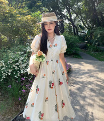 LIZAKOSHT - Franch Romantic Floral Print V-neck Midi Dress Women Summer Puff Sleeve High Waist Holiday Beach Dress Female Prairie Chic Dress