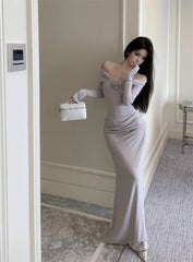 Lizakosht Sexy Women Off Shoulder Evening Party Dress  Elegant Long Sleeve Bodycon Lady Solid Maxi Dresses French Floral Vestidos Robe