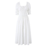 LIZAKOSHT - Dot Print Wood ears Ruched Chest Bow U collar Puff Sleeve Dress Elastic High Waist Pleated Swing Midi Dresses Holiday Robe