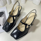LIZAKOSHT - Fashion Black Patent Leather Mary Janes Slingbacks Women Pumps Spring Summer Wave Toe Chunky High Heels Office Lady Daily Shoes