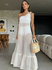 LIZAKOSHT - 3D Floral Single Shoulder Hollow Out Women's Dress Sexy White Sleeveless Dresses Casual Fashion Party Summer Women's Clothing